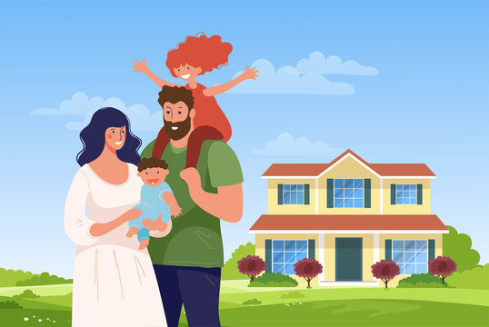 A happy family stands in the background of their new home. Concept illustration about sale, purchase, mortgage, realtor services, new life, family. Cartoon vector.