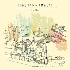 Tiruvannamalai (Tiru), Tamil Nadu, South India. Street, houses and trees. Travel sketch drawing. Vintage postcard