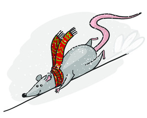 vector illustration, postcard, merry Christmas beauty, white mouse, having fun in winter, riding a roller coaster