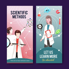Science flyer design with man, woman, magnifying glass watercolor illustration.