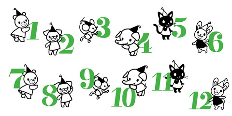 カレンダー用数字素材（アニマル）