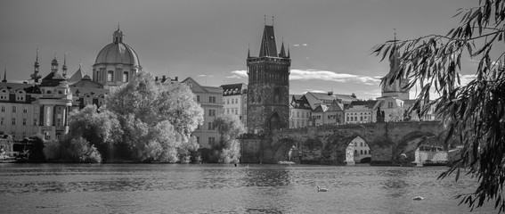 Charles Bridge in autumn, black and white, Prague, Czech Republic