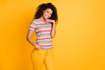 Portrait of her she nice attractive cute lovable lovely cheerful cheery wavy-haired girl wearing...