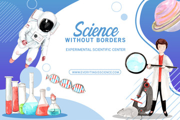 Science frame design with test tube, man, magnifying glass watercolor illustration.