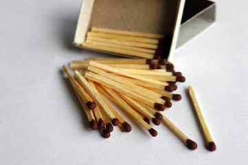 Wooden protective matches are scattered around a cardboard matchbox.
