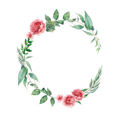 Watercolor flowers, greenery, succulent and eucalyptus branches wreath. Floral clip art: round frame isolated on white background.