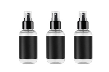 Three spray bottles for cosmetics product with black blank label isolated on white background, mock up for branding, advertising,  design.