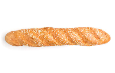 Fresh golden baguette with  sesame seeds isolated on white background. top view
