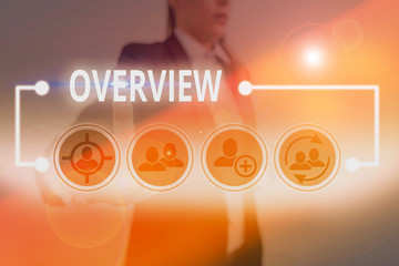 Writing note showing Overview. Business concept for the general review or summary of subject project movie book