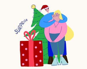 Obraz na płótnie Canvas vector illustration, greeting card for a holiday, new year and Christmas, a young family of lovers, a man gives a gift to his woman, a tender relationship, a surprise.