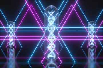 Test tube and chromosomes, DNA and genes,3d rendering.