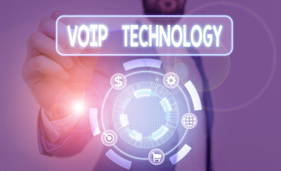 Text sign showing Voip Technology. Business photo text use Internet as the transmission medium for telephone calls