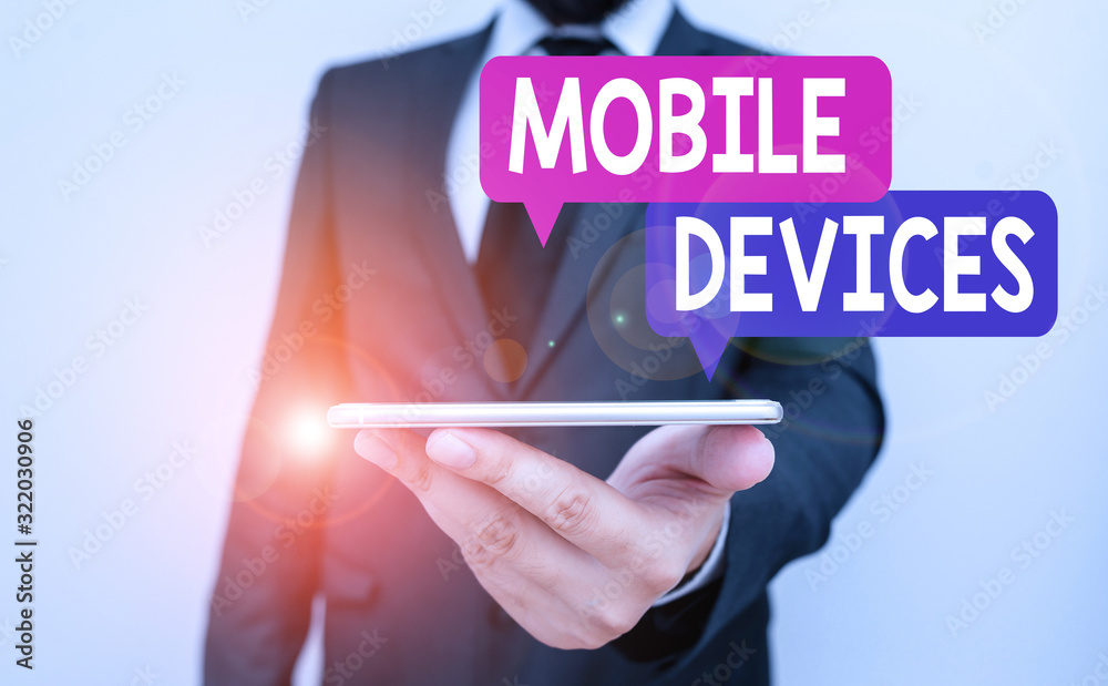 Aufkleber writing note showing mobile devices. business concept for portable computing device such as a smartp