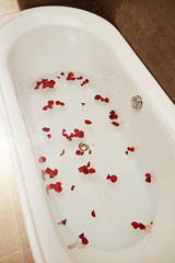 Red petals floating in a bathtub