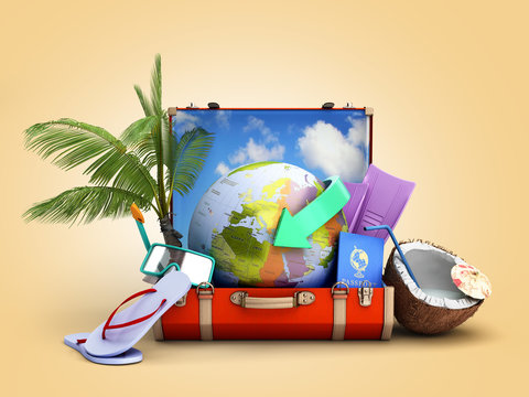modern summer travel concept suitcase with a globe inside near accessories for summer holidays 3d render on color gradient