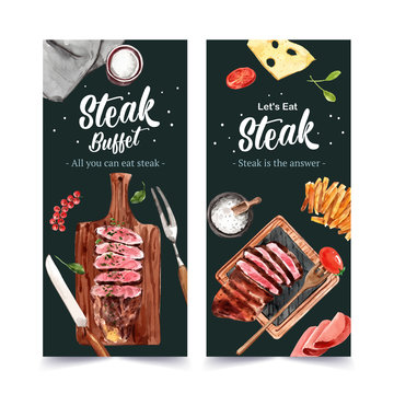 Steak flyer design with steak, cheese, tomato watercolor illustration.