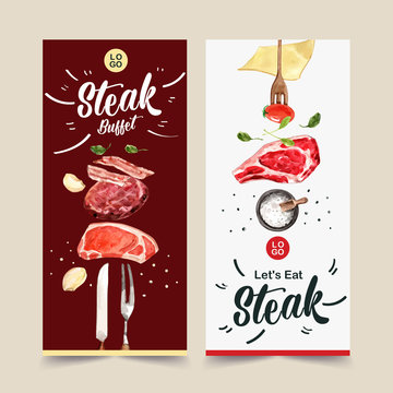 Steak flyer design with fresh meat, tomato watercolor illustration.