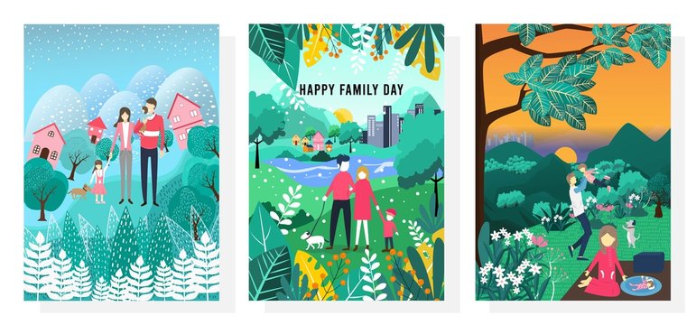 Illustration of happy family set, Happy family outdoors in the garden,Vector nature background.