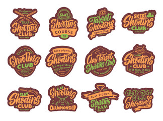 Set of Clay Shooting stickers, patches. Colorful badges, emblems, stamps for club on white background