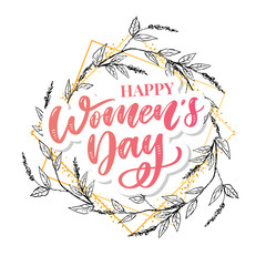 8 march. Happy Woman's Day Vector congratulation card with linear floral wreath