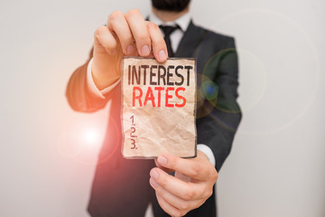 Text sign showing Interest Rates. Business photo showcasing proportion of a loan charged as...