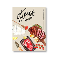 Steak poster design with grilled meat, fresh meat watercolor illustration.