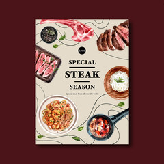 Steak poster design with spaghetti, steak watercolor illustration.