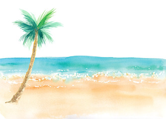 ヤシの木のあるビーチ風景、水平線、水彩イラストのトレースベクター（レイアウト変更可能）