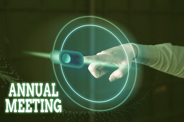 Conceptual hand writing showing Annual Meeting. Concept meaning a meeting of the general membership...