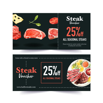 Steak voucher design with fresh meat, grilled meat watercolor illustration.