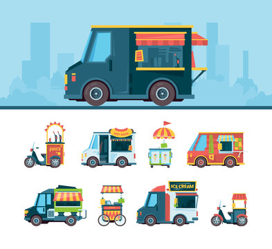 Food truck set. Delivery cars festival transport hawkers products cuisine on street fast food truck vector flat pictures. Car transport, truck food service, festival street illustration