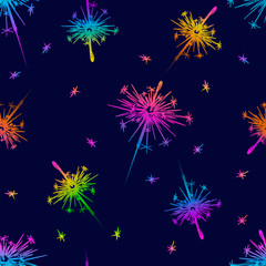 Seamless pattern sparklers in beautiful style on dark background. Festive pattern, wrapping, wallpaper, textile. Bright gradient overflows. Flat vector illustration.