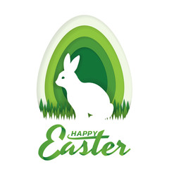 Greeting card Happy Easter day concept, Paper art and digital craft style of rabbit standing on grass that is inside the green egg shape