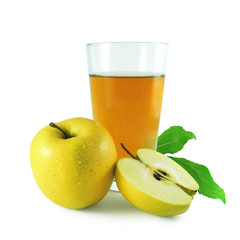 Apple juice in glass next to whole yellow fruit, juicy half and leaves isolated on white background   