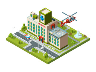 Ambulance building. Emergency transport helicopter on hospital roof helipad vector healthcare isometric. Hospital building, ambulance and helicopter, architecture clinic illustration