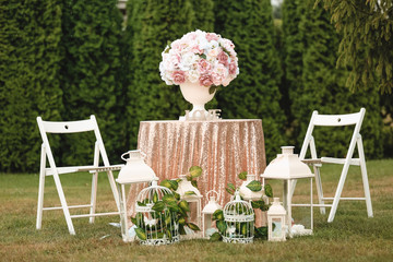 Different wedding decoration with flowers.	