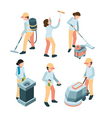 Cleaning service. Industrial clean machines dishes washes room service professional workers vector laundry. Cleaner home service, equipment domestic team, housework professional uniform illustration