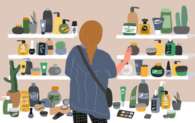 Young woman back view choosing natural cosmetics and eco products in store. Female shop assistant, cosmetic, skincare, makeup and beauty products buyer character. Cartoon vector illustration