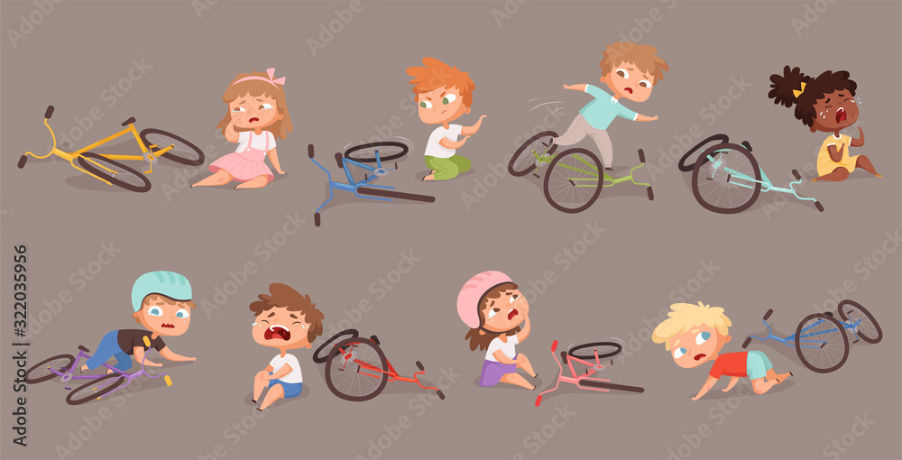 Wall mural broken bicycle. kids fallen from bike unhappy childrens vector accidents illustrations. bike damaged