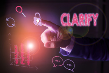Writing note showing Clarify. Business concept for Make a statement or situation less confused and...
