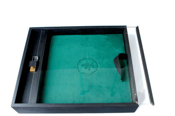 Beautiful Malachite wedding photobook and Usb flash drive in black wooden box. Wedding concept