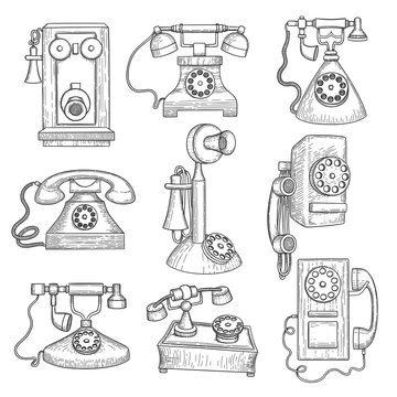 Sketch old vintage telephone retro rotary phone Vector Image