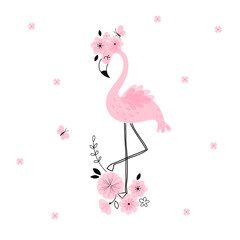 Candy Pink Flamingo with flowers illustration isolated on white background. Exotic bird simple linear transparent overlapping shapes vector clip-art. Birdy floral poster spring concept