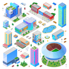 Isometric city scene generator creator vector design objects illustration. Hospital stadium mall restaurant buildings construction cars vehicles street objects collection.