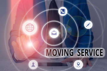 Conceptual hand writing showing Moving Service. Concept meaning help moves the possessions from one...