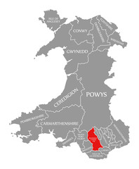 Rhondda Cynon Taf red highlighted in map of Wales
