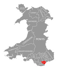 Cardiff red highlighted in map of Wales - obrazy, fototapety, plakaty