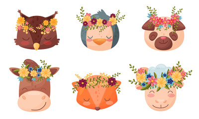 Animal Muzzles and Heads with Flower Wreath on Top Vector Set