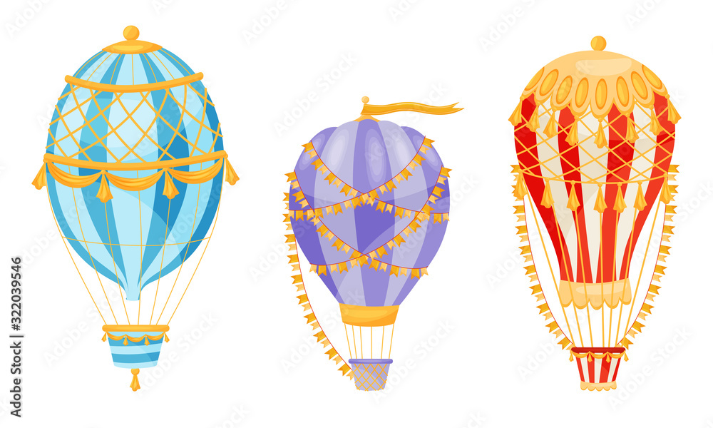 Canvas Prints Hot Air Balloons Decorated with Flag Garlands Flying in the Air Vector Set