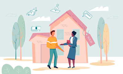 Handshake and successful real estate transactions conclusion scene with people characters. Property sale and rental concept. Housing search online services and agency. Flat vector illustration